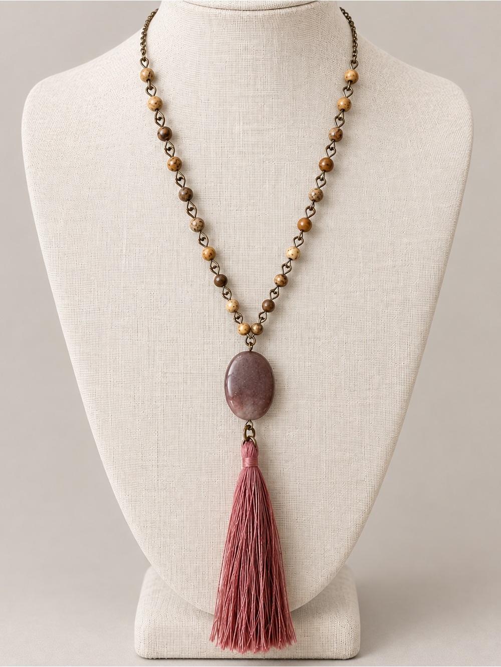 Banana Republic Long Beaded Pendant Tassel Necklace Pink Brown BR